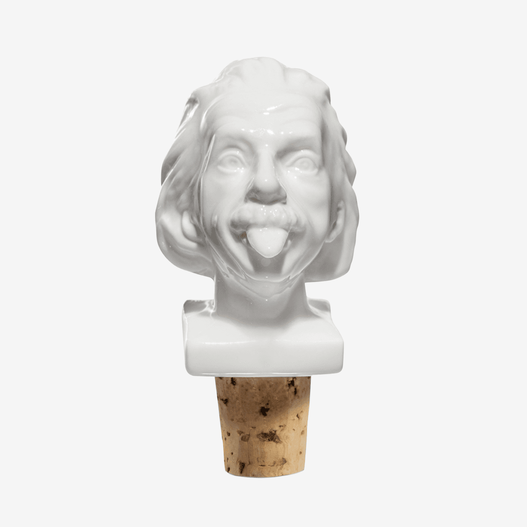 En gøyal vinstopper formet som Einstein som har fått ett glass for meget. Vinstopperen holder vinen god helt til siste dråpe. Vinstopperen er laget av porselen og kork.